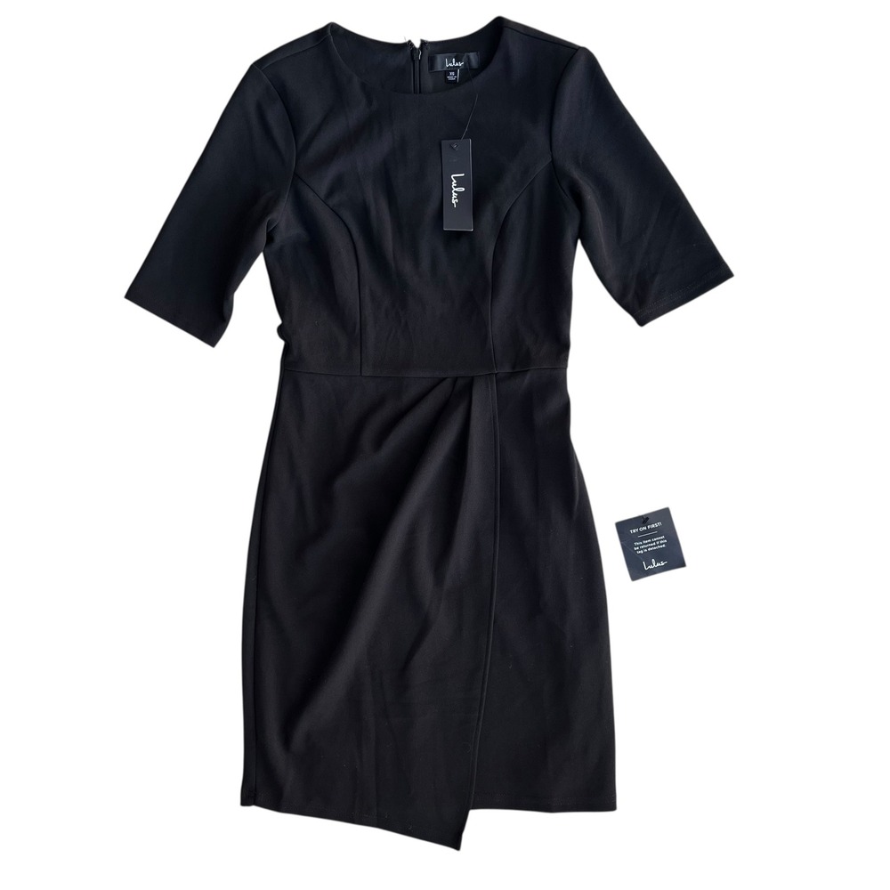 Lulu's Womens XS Black Pleated Westwood Half Sleeve Sheath Dress Chic Preppy NEW
